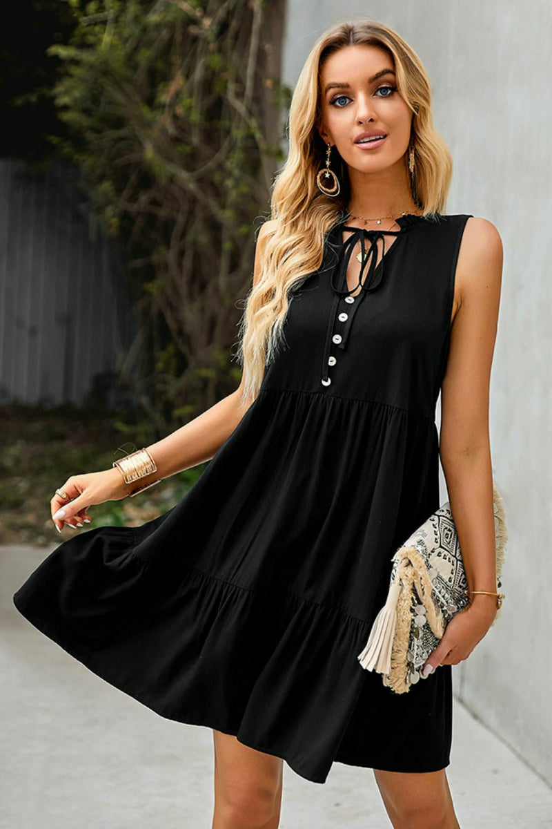 Tie Neck Tiered Dress with Decorative Buttons